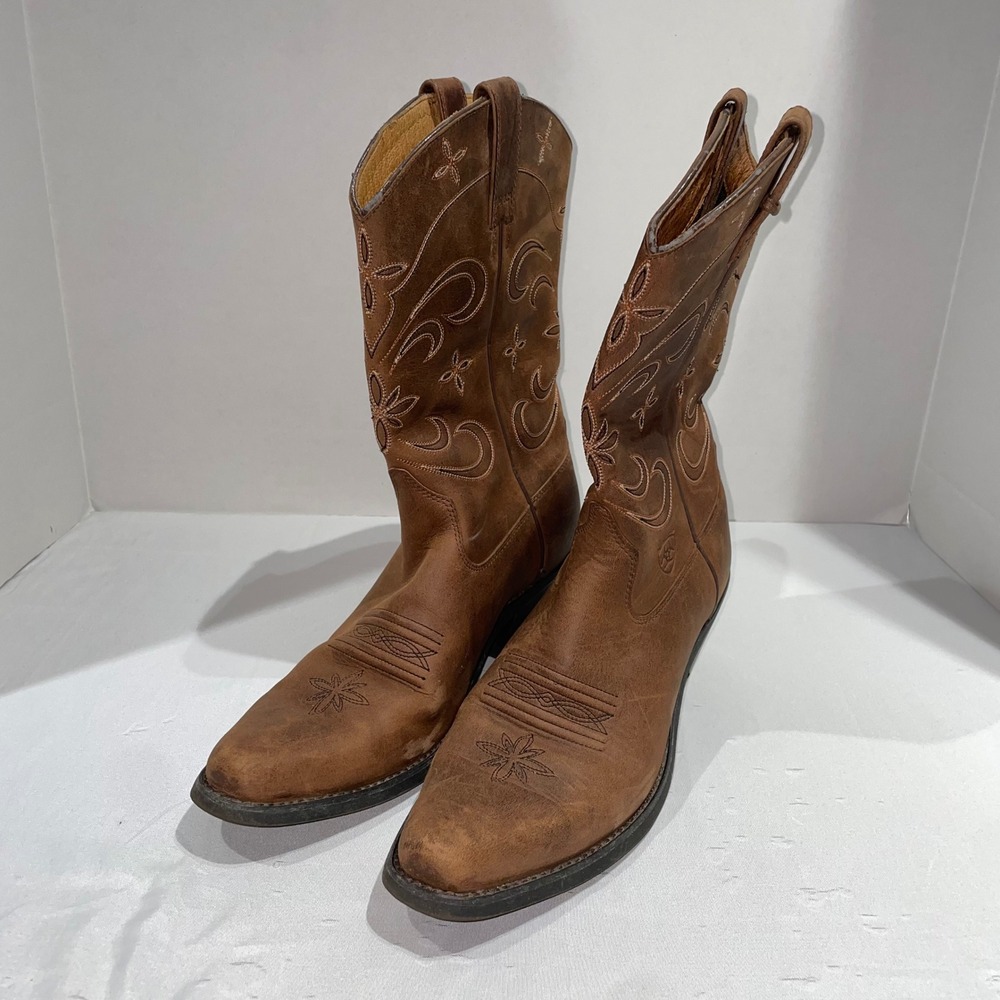 Ariat Heritage Western R-Toe Brown Leather Cowboy Boots ATS Technology Size 8.5B